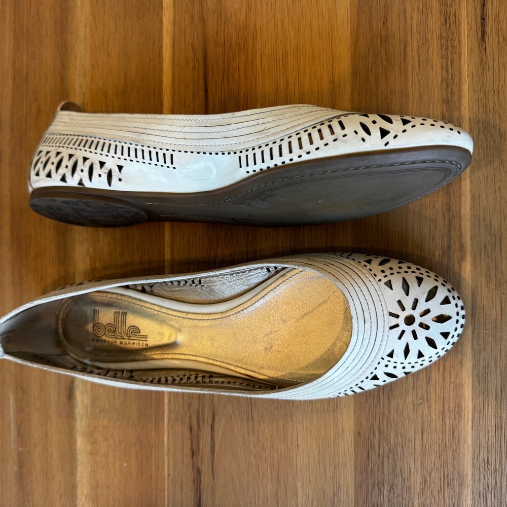 Belle Sigerson Morrison Women 7 White Laser Cut‎ Leather Ballet Flats Round Toe